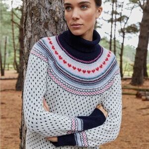 Beulah X Brora Elegant Fair Isle Turtleneck Sweater - Navy, White, and Pink XL